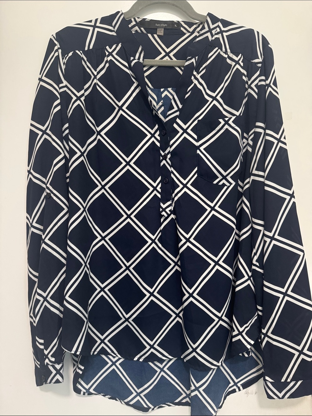 fun 2 fun Navy and White Diamond Print Long Sleeve Blouse